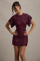 Juno | Berry Sequin Short-Sleeve Cowl-Back Mini Dress