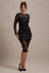 Intimate | Black Sequin Sheer Midi Dress With Flowers