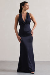 Tiffany | Navy Satin Plunge-Neck Maxi Dress