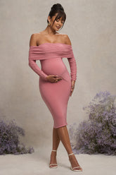 Patiently Waiting | Blush Pink Maternity Ruched Mesh Bardot Midi Dress