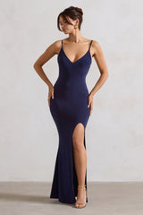 Love Shy | Navy Plunge Neck Maxi Dress With Split Detail