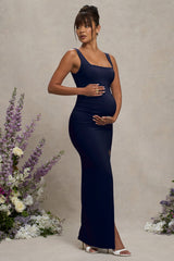 Avril | Navy Square Neck Maternity Maxi Dress with Split