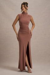 Lanetta | Chestnut Brown Ruched High-Neck Maxi Dress With Split