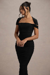 Paxos | Black Ruched Short-Sleeve Midi Dress