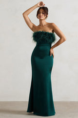 Dress For It | Bottle Green Satin Feather Trim Bandeau Maxi Dress