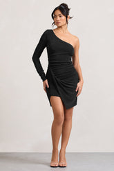 Now Strut | Black Asymmetric Twisted Bodycon Mini Dress