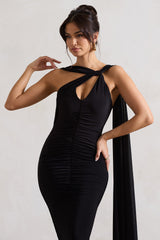 Freedom | Black Strappy Asymmetric Cut-Out Midi Dress With Cape
