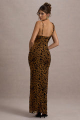 Yasmin | Leopard Print Velvet Strappy Maxi Dress With Bow
