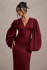 Helsinki | Berry Satin V-Neck Balloon Sleeve Maxi Dress