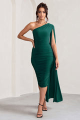 Yara | Bottle Green One Shoulder Cape Ruched Midi Dress