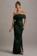 Martine | Bottle Green Satin Bardot Wrap Maxi Dress