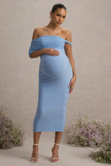 Jen | Powder Blue Bardot Twisted Maternity Midi Dress