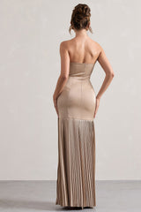 Confidence | Champagne Satin Bandeau Pleated Split Maxi Dress