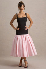 Parida | Black & Pink Poplin Drop-Waist Midi Dress With Peplum Hem