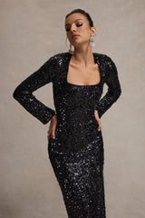 My Dream | Black Sequin Square-Neck Long-Sleeve Maxi Dress