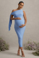 Katarine | Powder Blue Asymmetric Knot Maternity Midi Dress