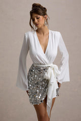Norah | White Chiffon Plunge-Neck Wrap Mini Dress With Sequin Skirt