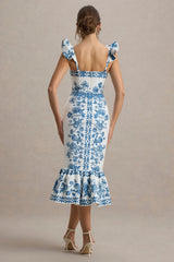 Sarey | Blue Porcelain Print Ruffle Midi Dress