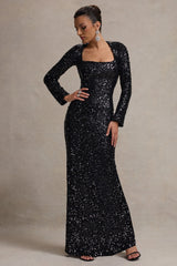 My Dream | Black Sequin Square-Neck Long-Sleeve Maxi Dress