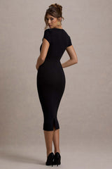Lorenzie | Black Square-Neck Short-Sleeve Twist Midi Dress