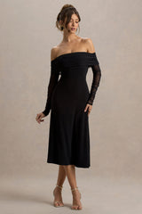 Flatter Me | Black Bardot Midi Dress With Mesh Sleeves