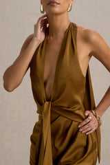 Lynette | Olive Satin Plunge-Neck Asymmetric Maxi Dress