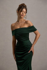 Martine | Bottle Green Satin Bardot Wrap Maxi Dress