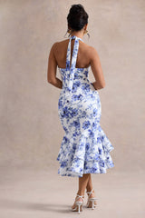 Arla | Blue Floral Print Halter-Neck Ruffle Trim Midi Dress