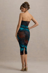My Girl | Blue Print Strapless Bodycon Ruched Mesh Midi Dress