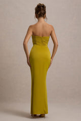 Edel | Mustard Satin Strapless Maxi Dress With Drape