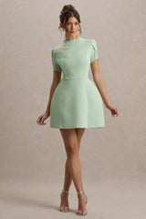 Carabella | Light Green High-Neck Short-Sleeve Mini Dress