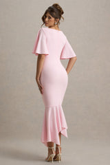 Ashling | Pink Flutter-Sleeve Hanky-Hem Midi Dress