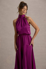 Palonia | Dark Pink Satin High-Neck Split Midi Dress