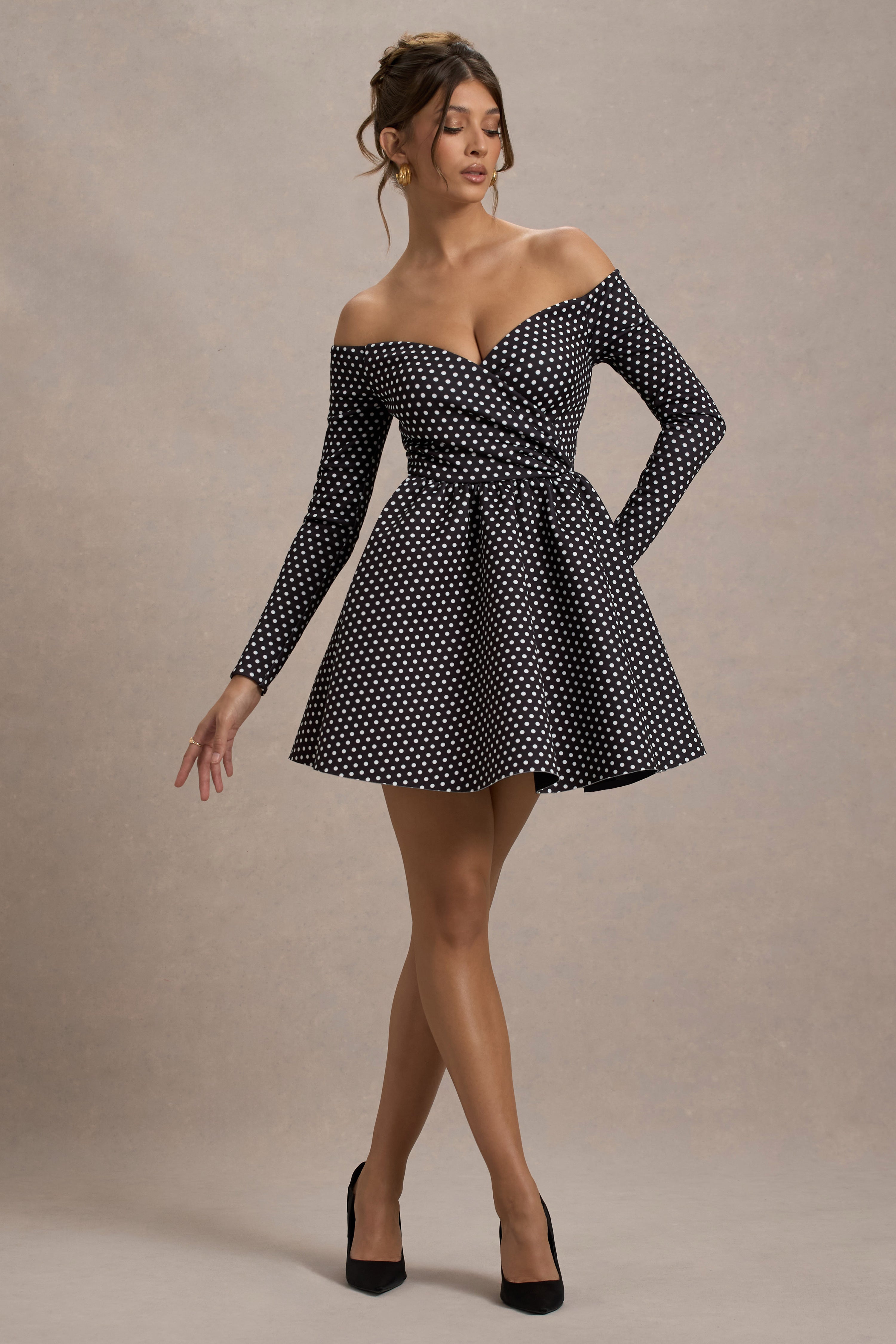Riva | Black Polka Dot Bardot Long-Sleeve Mini Dress