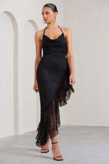 Ladyship | Black Lace Asymmetric Ruffled Maxi Dress