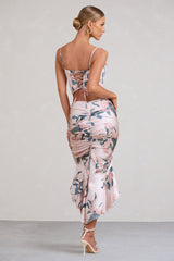 Per Favore | Pink Satin Ruched Split Maxi Skirt