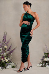 Late Night | Bottle Green Velvet Maternity Ruched One Shoulder Midi Dress