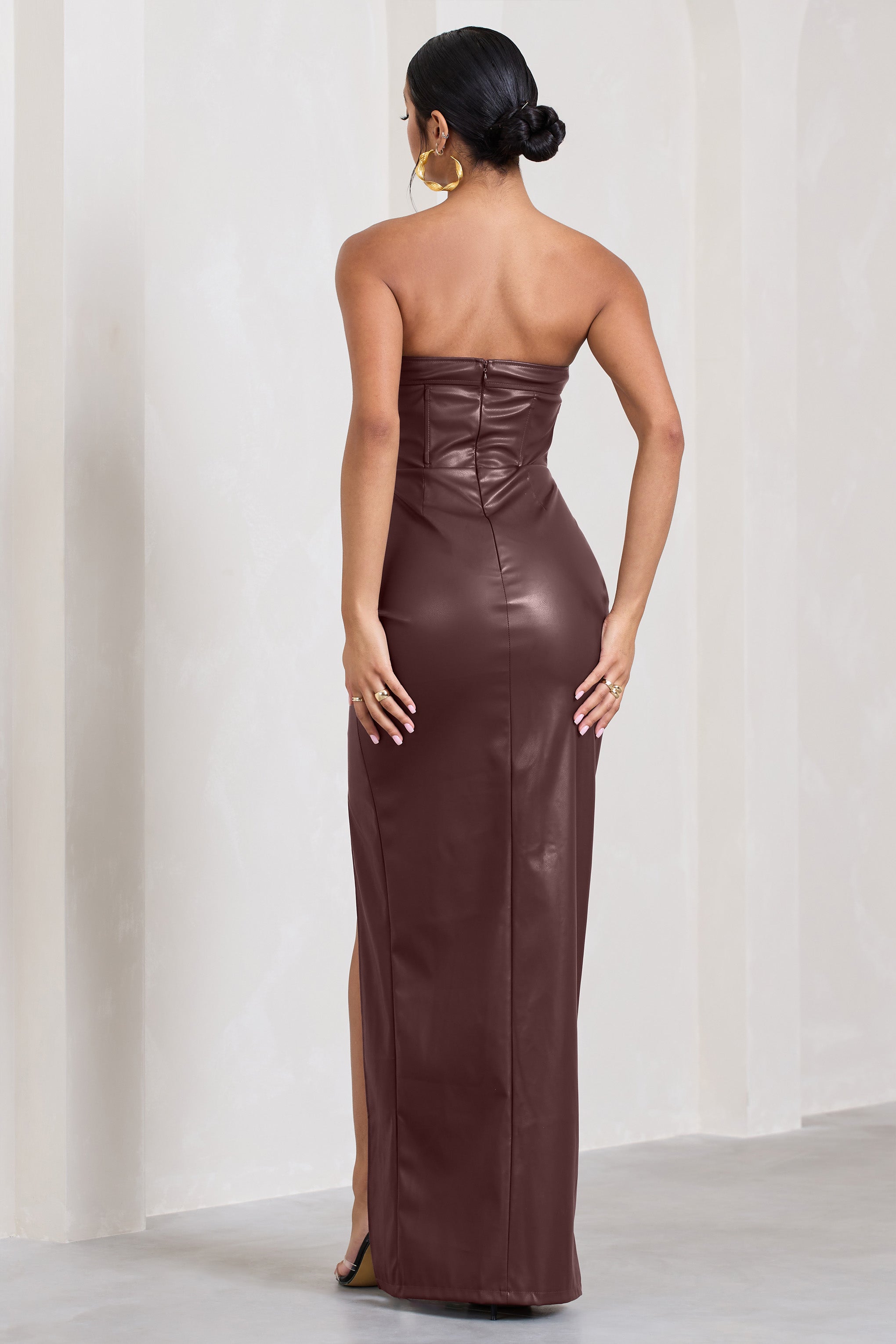 Marlene | Burgundy Faux Leather Strapless Bandeau Split Maxi Dress