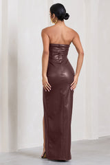 Marlene | Burgundy Faux Leather Strapless Bandeau Split Maxi Dress