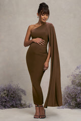 Amaryllis | Chocolate Maternity One Shoulder Maxi Dress with Cape Sleeve