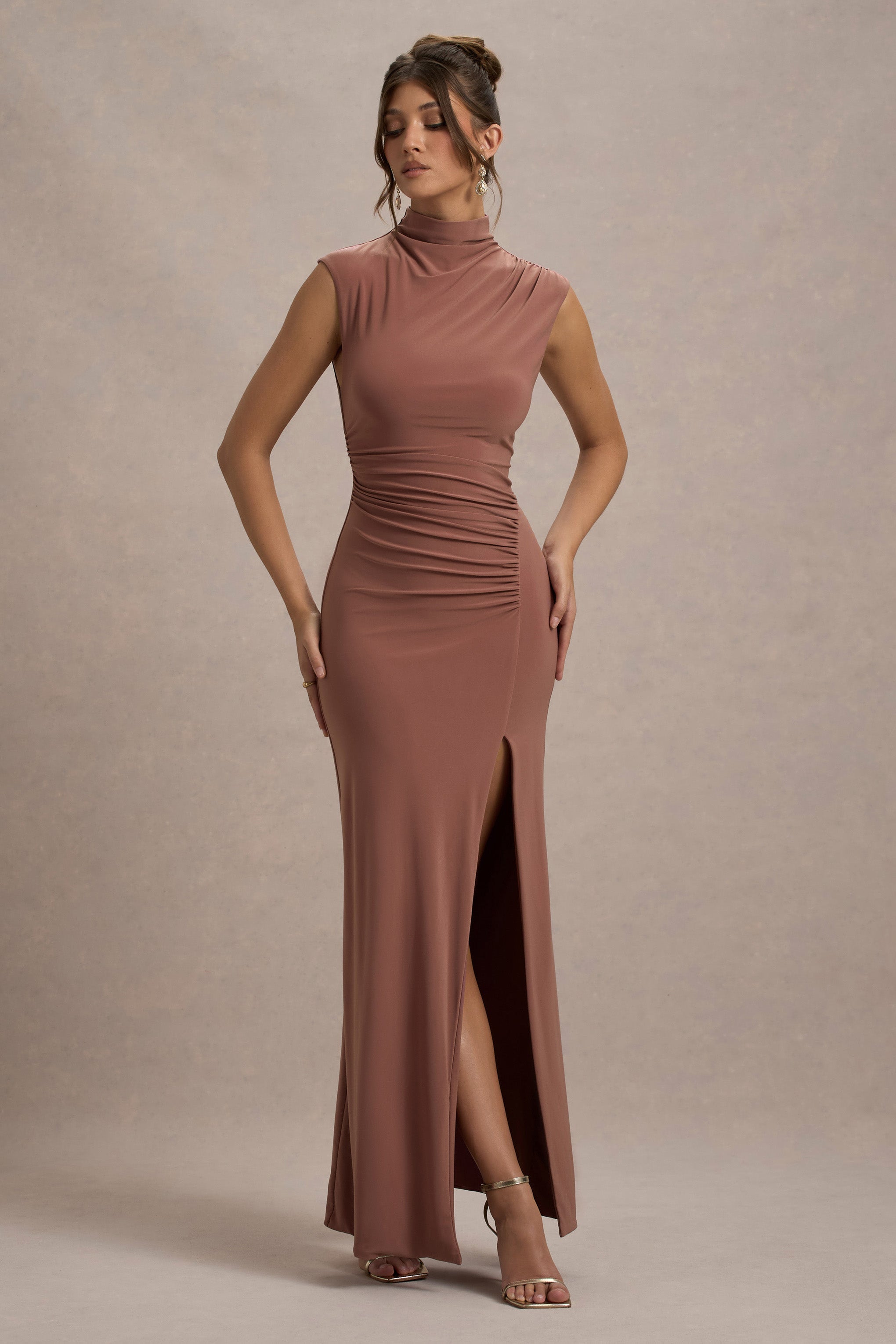 Lanetta | Chestnut Brown Ruched High-Neck Maxi Dress With Split
