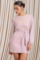 Astrological | Nude Mix Sequin Long Sleeve Mini Dress With Belt Detail