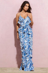 Syrah | Blue Porcelain Print Ruffled Strappy Maxi Dress