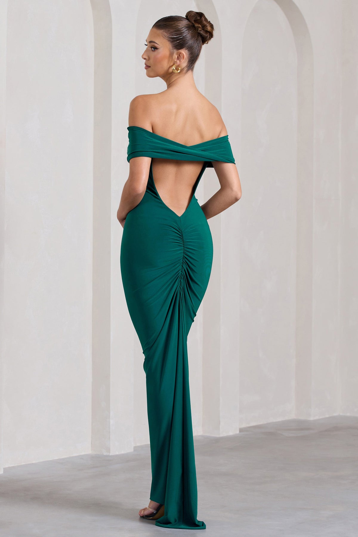 Vivienne | Bottle Green Bardot Open-Back Maxi Dress