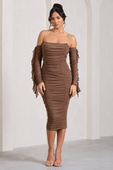 Favor | Mocha Ruched Mesh Bardot Midi Dress