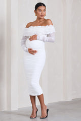 Orchid | White Ruched Mesh Floral Bardot Maternity Midi Dress