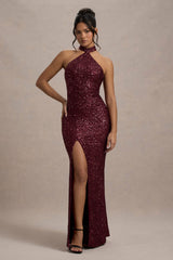 On The Rise | Berry Sequin High-Neck Strappy-Back Split Maxi Dress