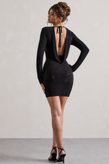 Stefani | Black Embellished Cowl-Back Long Sleeve Mini Dress
