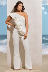 Toulouse | White One Shoulder Ruffle Flared-Leg Jumpsuit