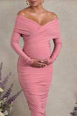 Davina | Blush Pink Ruched Twist Bardot Long-Sleeve Maternity Midi Dress